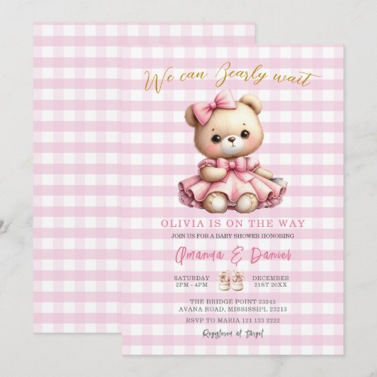 Roze Beer Baby shower Gingham kan nauwelijks wacht Kaart (Voorkant / Achterkant)