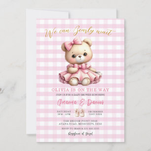 Roze Beer Baby shower Gingham kan nauwelijks wacht Kaart