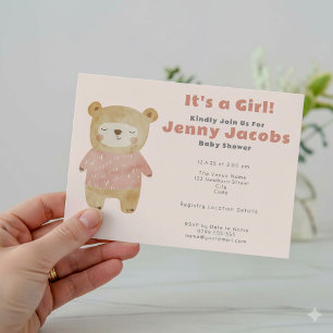 Roze Beer Baby shower "het is een meisje" Kaart