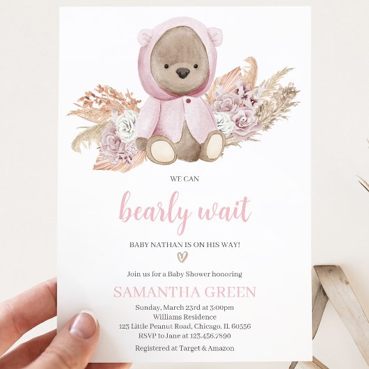Roze Beer Baby Shower Kaart