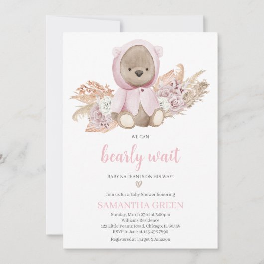 Roze Beer Baby Shower  Kaart (Voorkant)