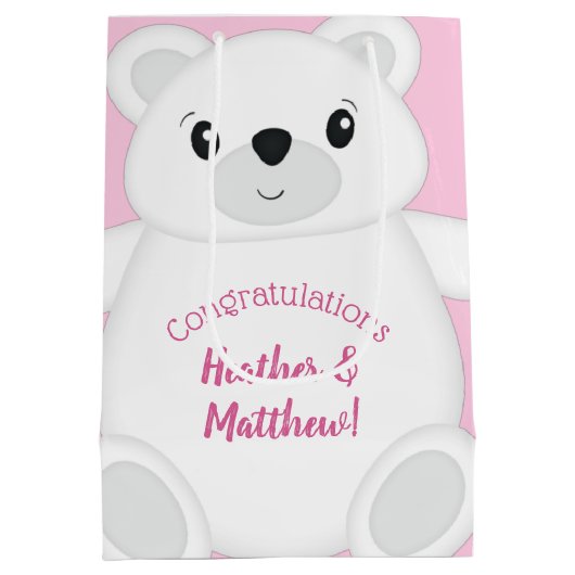 Roze Beer Baby shower Medium Cadeauzakje (Achterkant)
