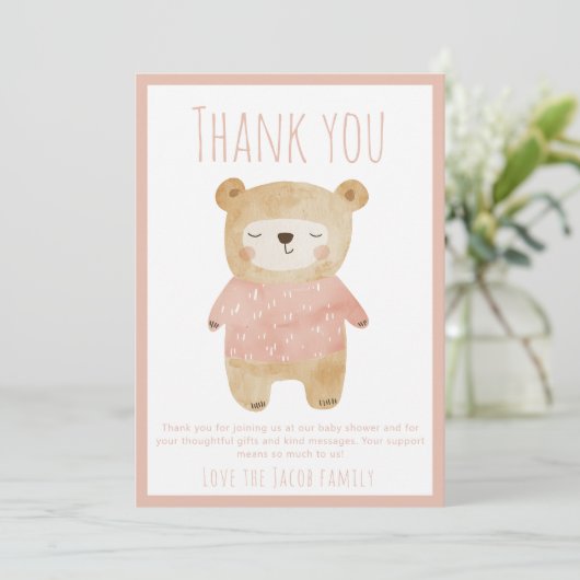 Roze Beer Baby shower Schattige dank u Bedankkaart (Staand voorkant)