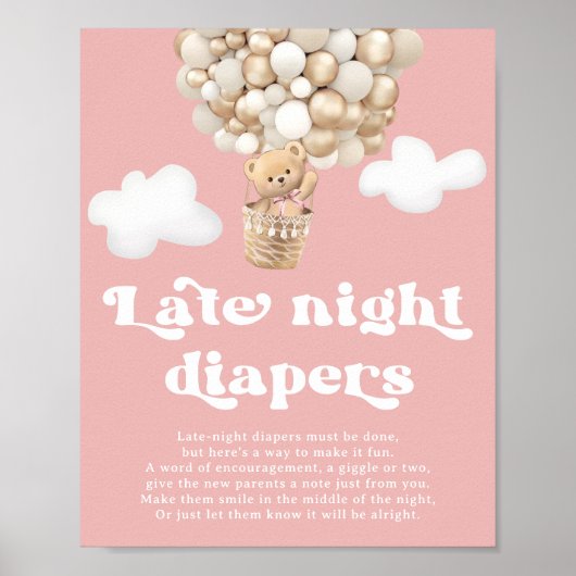 Roze Beer Baby shower Spel Late Night Luiers Poster (Voorkant)