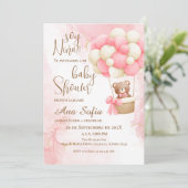 Roze beer baby shower uitnodiging (Staand voorkant)