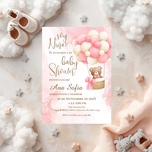 Roze beer baby shower uitnodiging