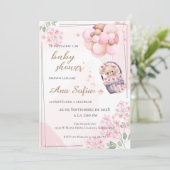 Roze beer baby shower uitnodiging (Staand voorkant)