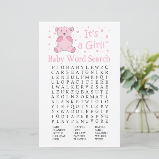 Roze beer Baby shower Word Search Game (Staand voorkant)