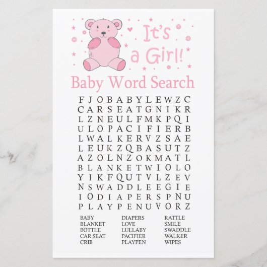 Roze beer Baby shower Word Search Game (Voorkant)