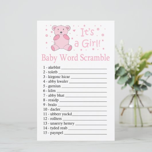 Roze beer Baby word scramble game (Staand voorkant)