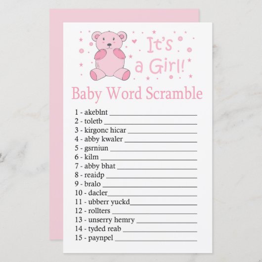 Roze beer Baby word scramble game (Voorkant / Achterkant)
