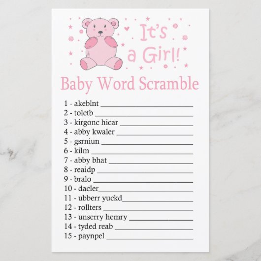 Roze beer Baby word scramble game (Voorkant)