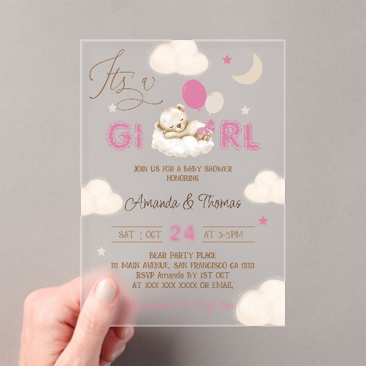 Roze Beer Babyshower Acryl Uitnodigingen (Insitu (Draagbaar))