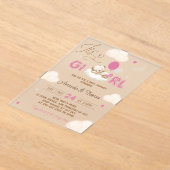 Roze Beer Babyshower Acryl Uitnodigingen (Laagn)