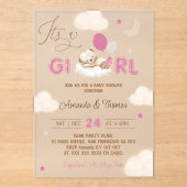 Roze Beer Babyshower Acryl Uitnodigingen (Voorkant)