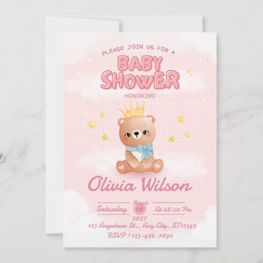 Roze Beer Babyshower Uitnodiging (Voorkant)