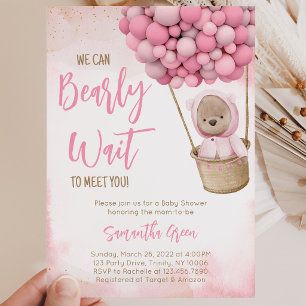 Roze Beer Ballon Baby Shower Uitnodiging