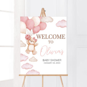 Roze Beer Ballon Bearly Wait Baby shower Welkom Poster