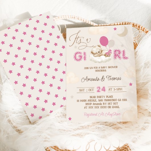 Roze Beer Boho Baby shower Kaart