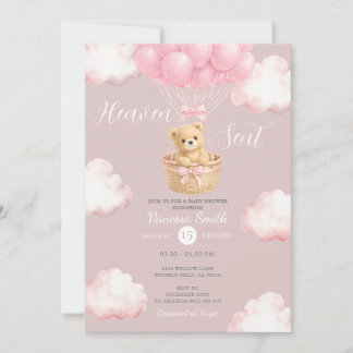 Roze Beer Hemelgezonden Ballon Baby Shower Uitnodi Kaart