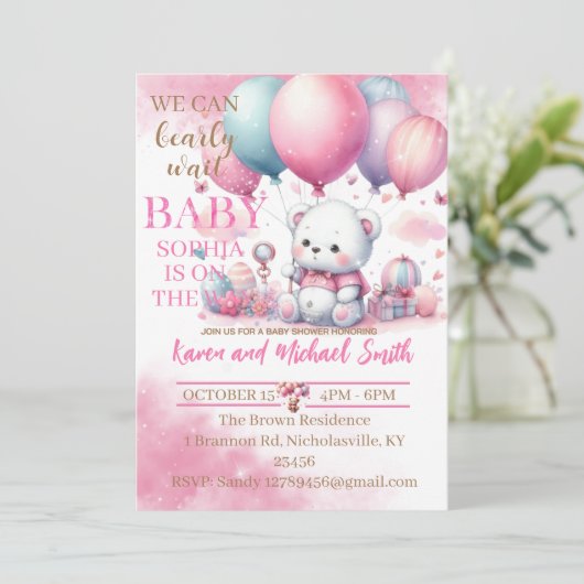 Roze Beer Hete Luchtballon Baby shower Set Invitat Kaart (Staand voorkant)