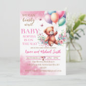 Roze Beer Hete Luchtballon Baby shower Set Invitat Kaart (Staand voorkant)