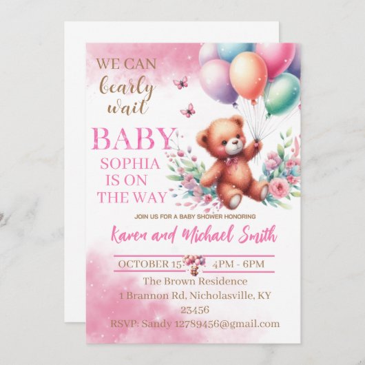 Roze Beer Hete Luchtballon Baby shower Set Invitat Kaart (Voorkant / Achterkant)