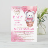 Roze Beer Hete Luchtballon Baby shower Set Invitat Kaart (Staand voorkant)
