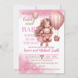 Roze Beer Hete Luchtballon Baby shower Set Invitat Kaart