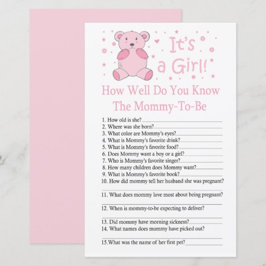 Roze beer Hoe goed ken je het baby shower spel? (Voorkant / Achterkant)