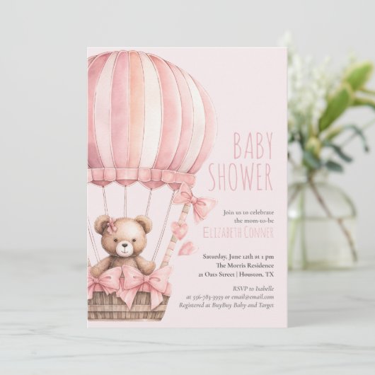 Roze Beer in Balloon Baby shower Meisje Invitation Kaart (Staand voorkant)