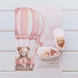 Roze Beer in Balloon Baby shower Meisje Invitation Kaart