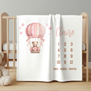 Roze Beer in Heet Luchtballon Baby Mijlpaal Sherpa Deken
