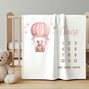 Roze Beer in Heet Luchtballon Baby Mijlpalen Fleece Deken