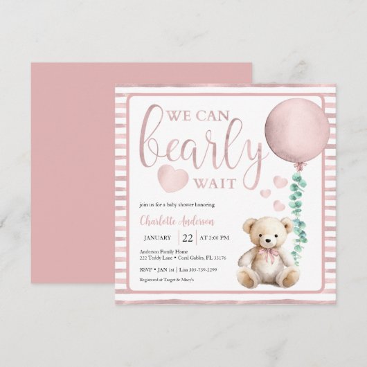 Roze Beer Kaum Wacht Meisje Baby Shower Uitnodigin Kaart (Voorkant / Achterkant)
