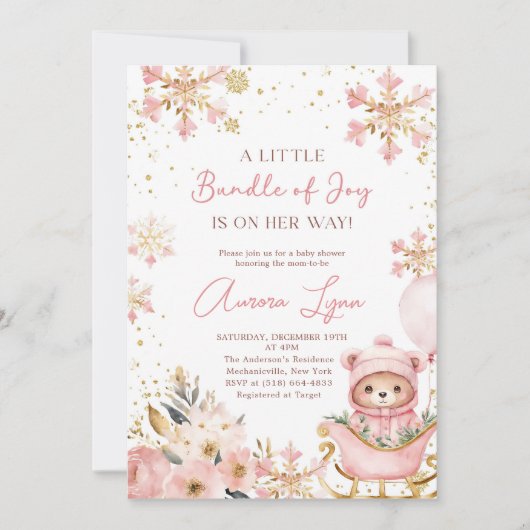 Roze Beer Kerst Winter Meisje Baby shower Kaart (Voorkant)