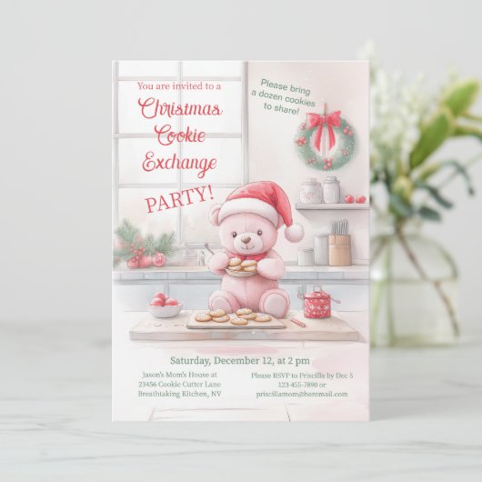 Roze Beer Kerstkoekje Uitnodiging (Staand voorkant)