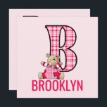 Roze Beer Letter A Kids Birthday Party Invitation Kaart<br><div class="desc">De letter B met een schattige teddybeer,  allemaal in hete roze gingham op uitnodiging van een schattig meisje.</div>