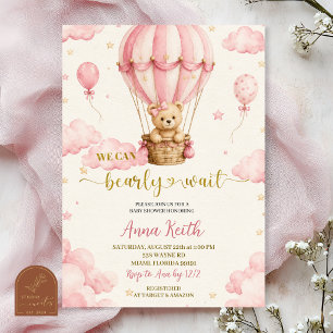 Roze Beer Luchtballon Baby Shower Uitnodiging