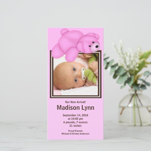 Roze Beer Meisje Geboorteaankondiging Aankondiging (Staand voorkant)