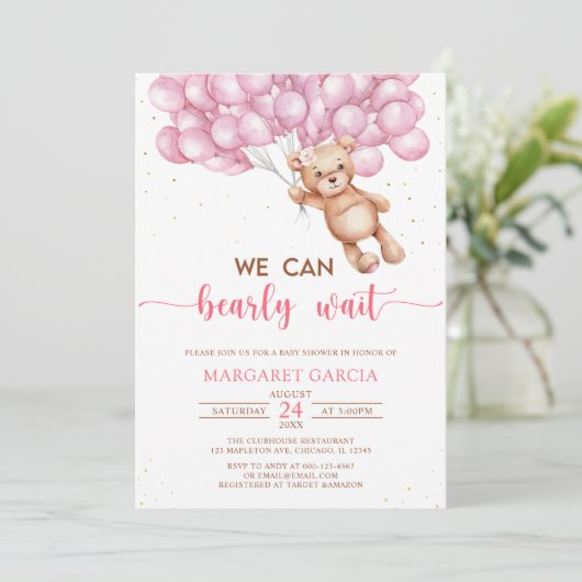 Roze Beer met ballonnen Teddy Bear Baby shower Kaart (Staand voorkant)