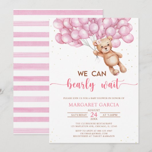 Roze Beer met ballonnen Teddy Bear Baby shower Kaart (Voorkant / Achterkant)