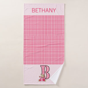 Roze Beer met letter B in Gingham Cheques Badhanddoek