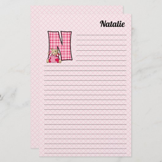 Roze Beer Mongram "N" gebondenheid Briefpapier (Voorkant / Achterkant)