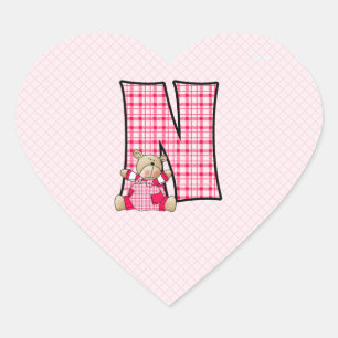 Roze Beer Monogram Letter N Gingham Hart Sticker