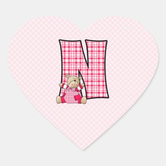 Roze Beer Monogram Letter N Gingham Hart Sticker (Voorkant)
