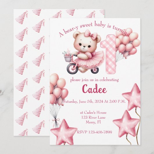 Roze Beer op BIcycle birthday Kaart (Voorkant / Achterkant)