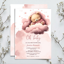 Roze beer op clouds baby shower uitnodiging