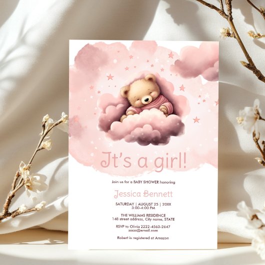 Roze beer op clouds baby shower uitnodiging