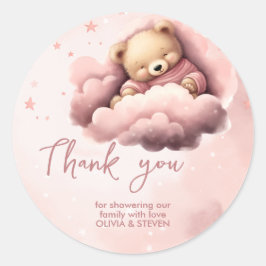 Roze beer op clouds baby shower uitnodiging ronde sticker